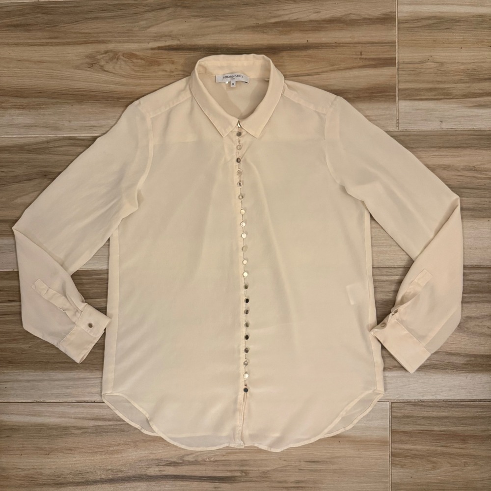 Gerard Darel Paris 100% Silk Blouse Cream Ivory Button Down Top Size 38